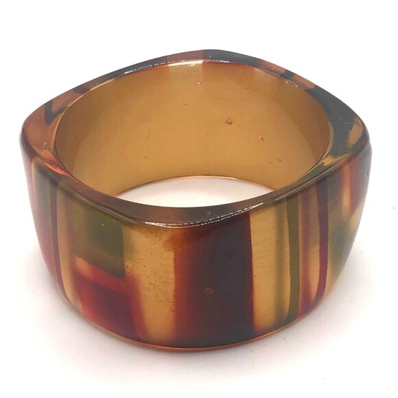 Chunky Striped Lucite Style Square Bangle Bracelet Amber Gold Burgundy Green - Picture 1 of 14